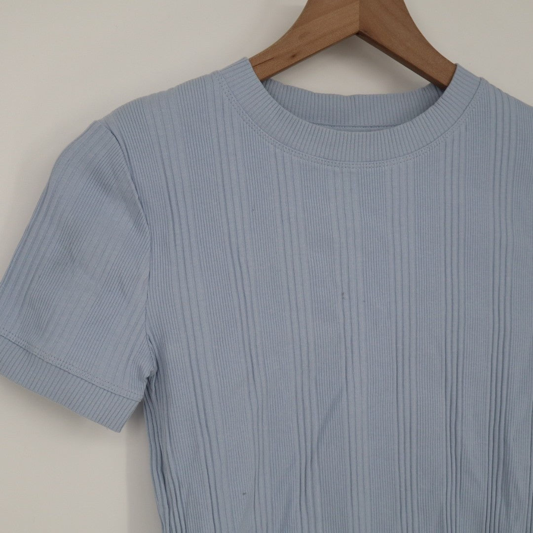 Zara Sweater Womens Small Light Blue Ribbed Knit Short Sleeve Crew Neck Pullover