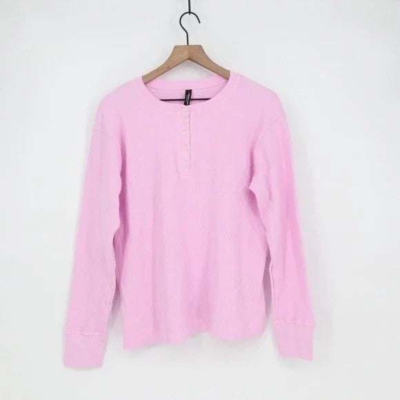 American Giant Thermal Henley Shirt Womens XL Light Pink Cotton Ribbed Collar