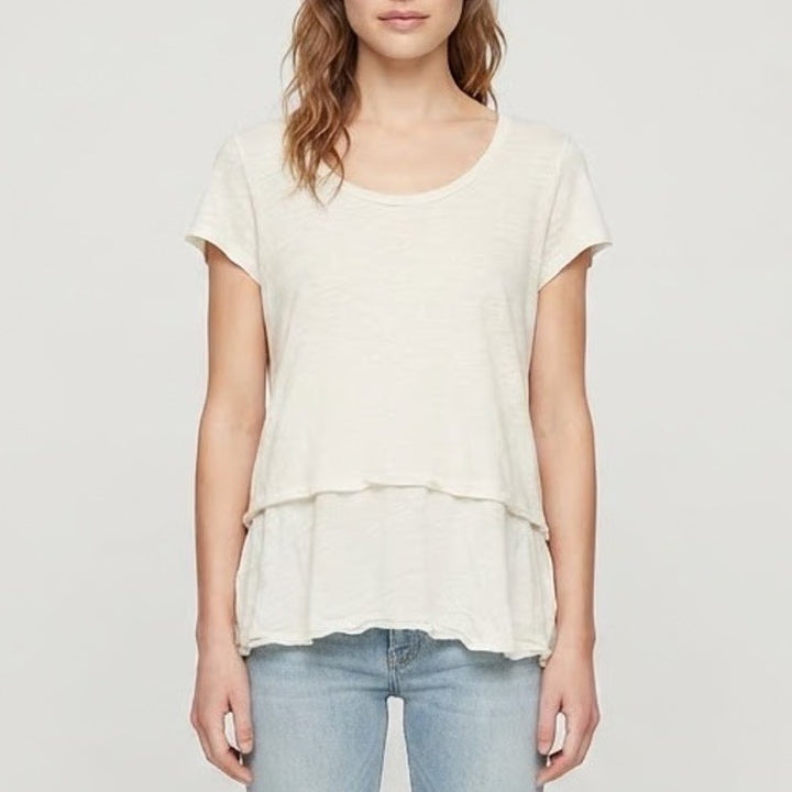Style & Co Women's Medium Ivory Mixed Media Tiered Short Sleeve Knit Top