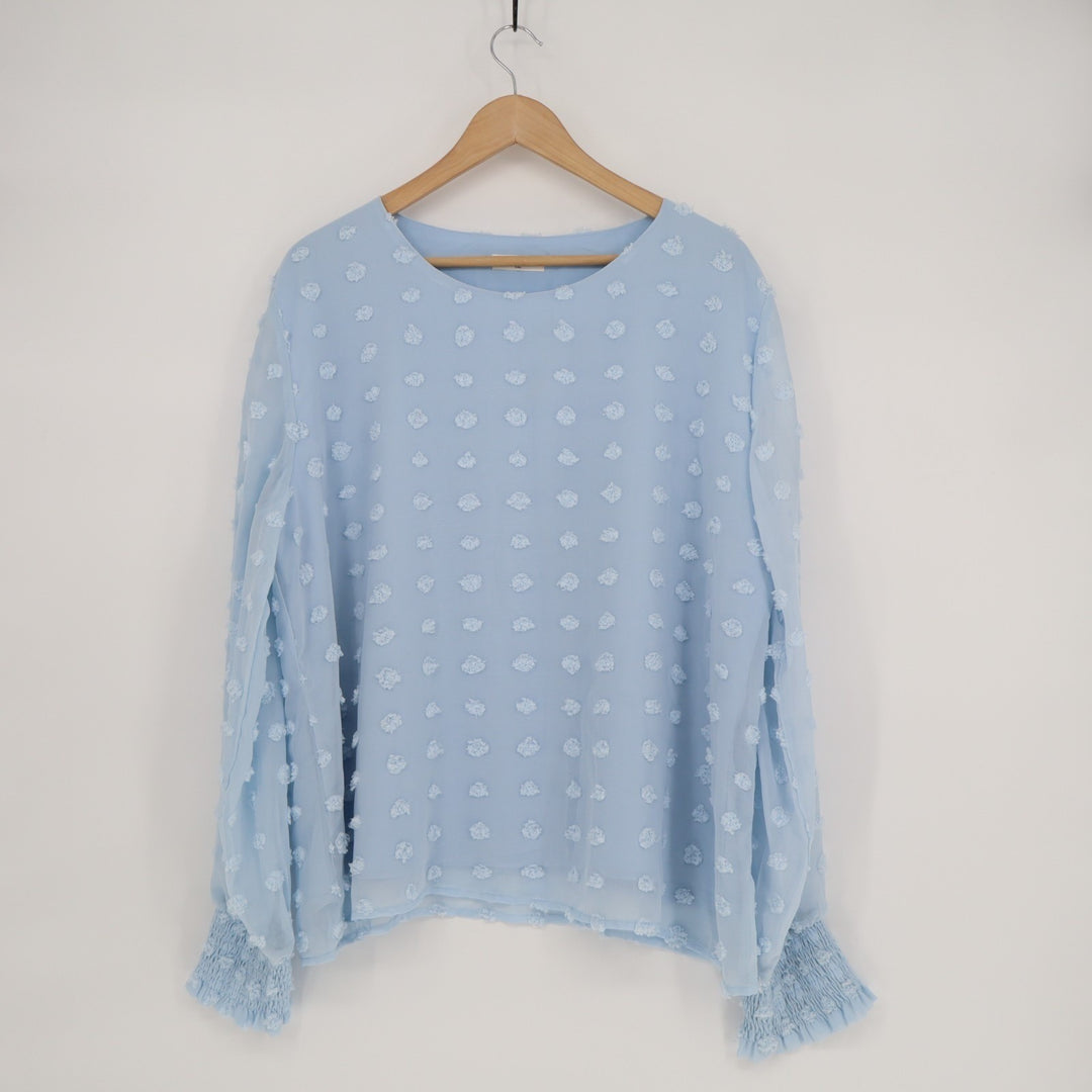 Blooming Jelly Tunic Blouse Women 2XL Light Blue Pom Pom Round Neck Smocked Calf