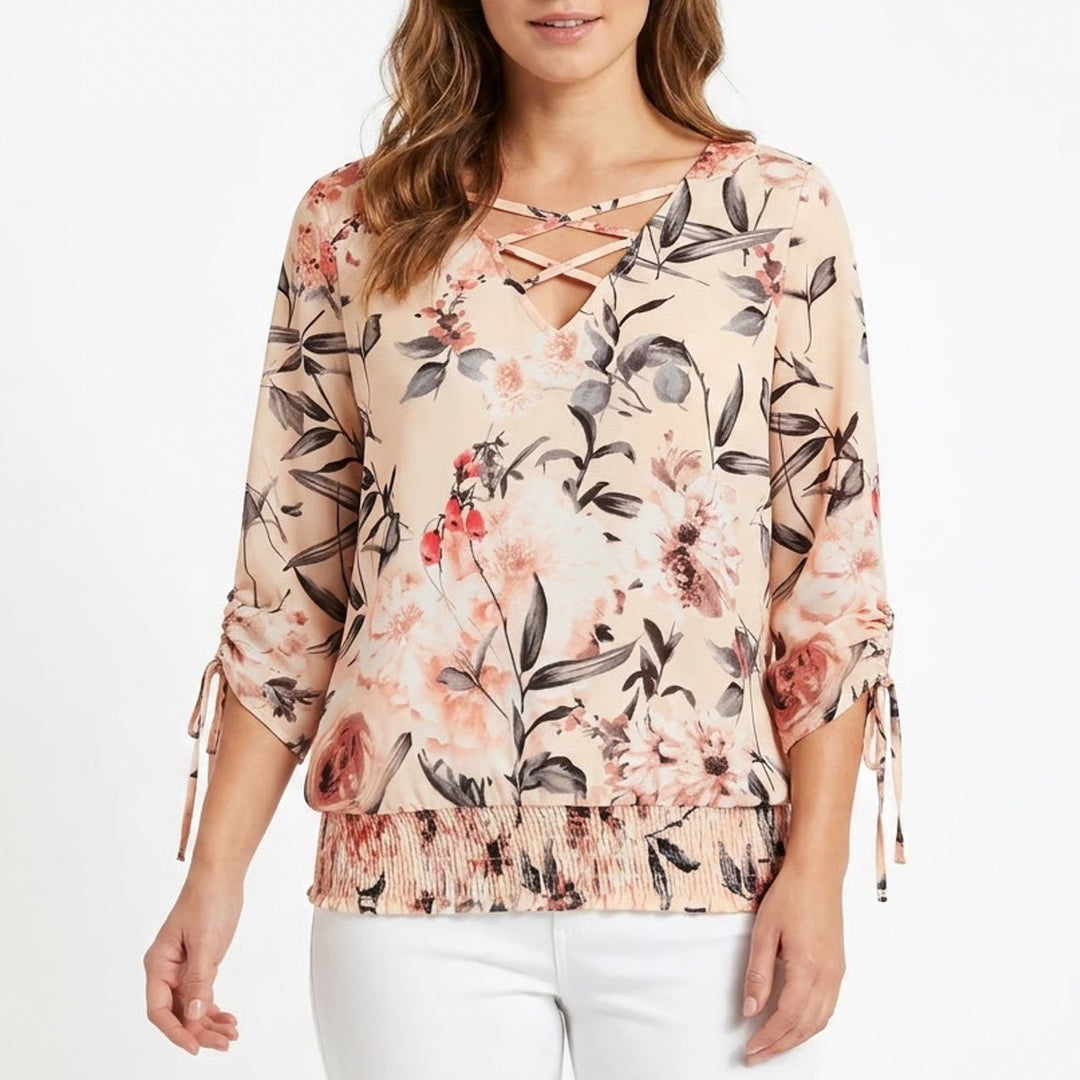 New York & Company Blouse Womens XS Beige Floral Smocked Hem 3/4 Sleeve Pullover