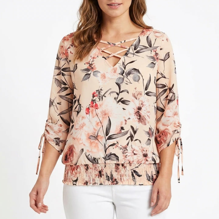 New York & Company Blouse Womens XS Beige Floral Smocked Hem 3/4 Sleeve Pullover