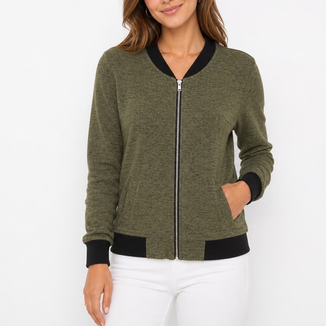 Miss Chievous Womens Olive Green Marled Full Zip Bomber Jacket Size M