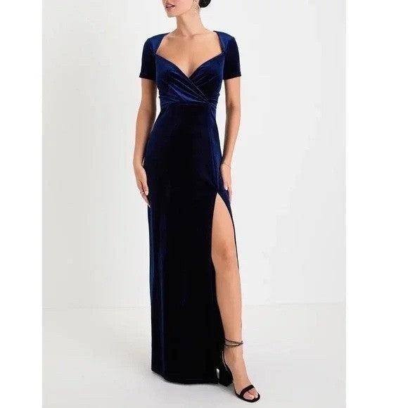 Lulus Eternal Elegance Maxi Dress Womens XS Navy Velvet Short Sleeve Front Slit