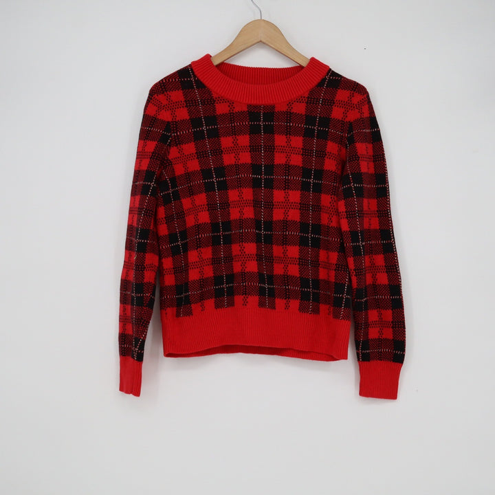 Style & Co Petite Red Black Buffalo Plaid Metallic Pullover Sweater