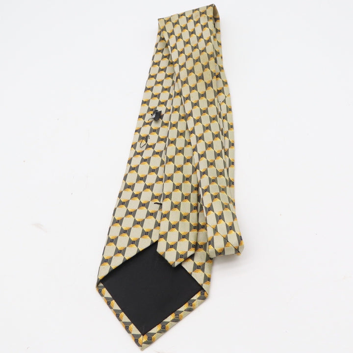 Mens Gold Tan Navy Blue Geometric Box Pattern 100% Silk Necktie Made in Korea