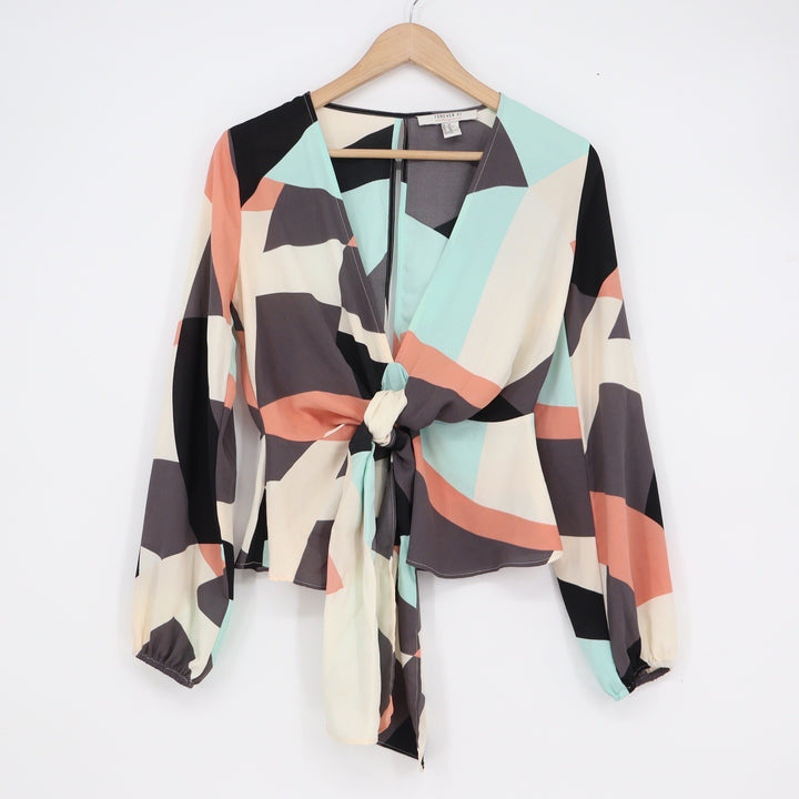 Forever 21 Contemporary Geometric Tie Front Blouse XS Multicolor Abstract V-Neck