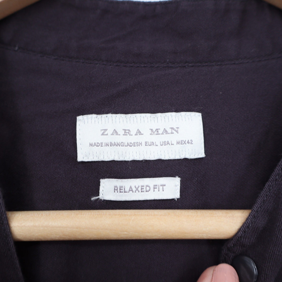 Zara Man Relaxed Fit Dark Purple Band Collar Frayed Short Sleeve Shirt Large