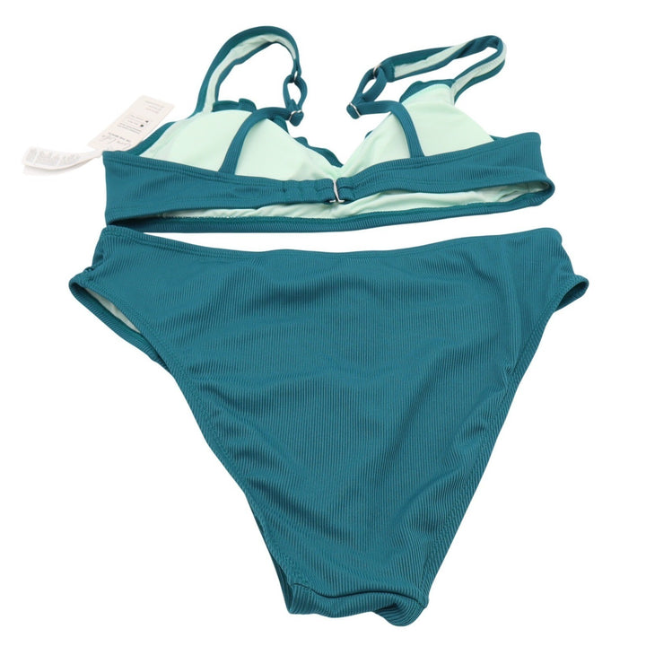 Cupshe Teal Ribbed Scalloped High Waisted Bikini Set Medium NEW