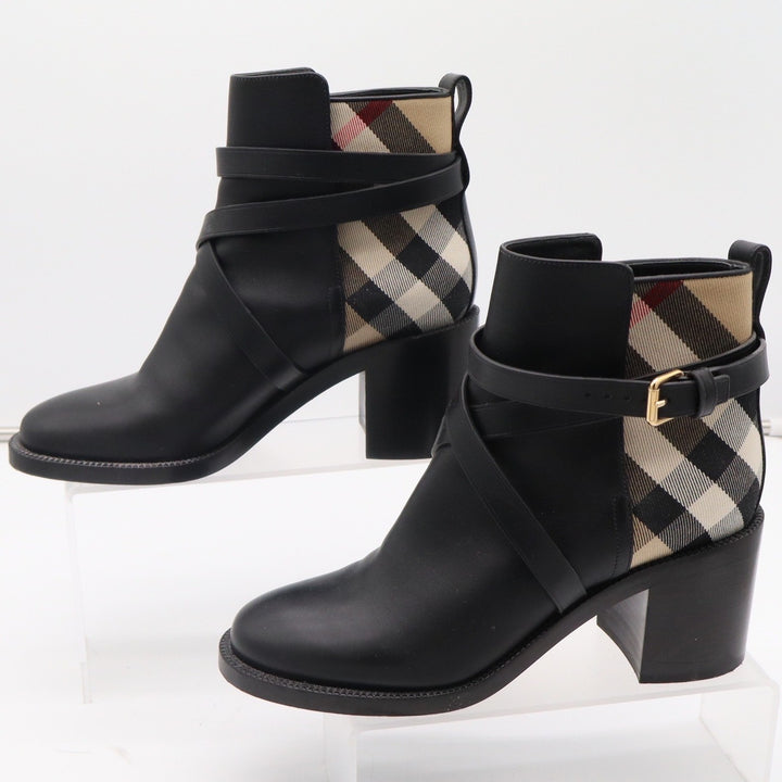 Burberry New Pryle 70 Black Leather Vintage Check Ankle Boots EU 39
