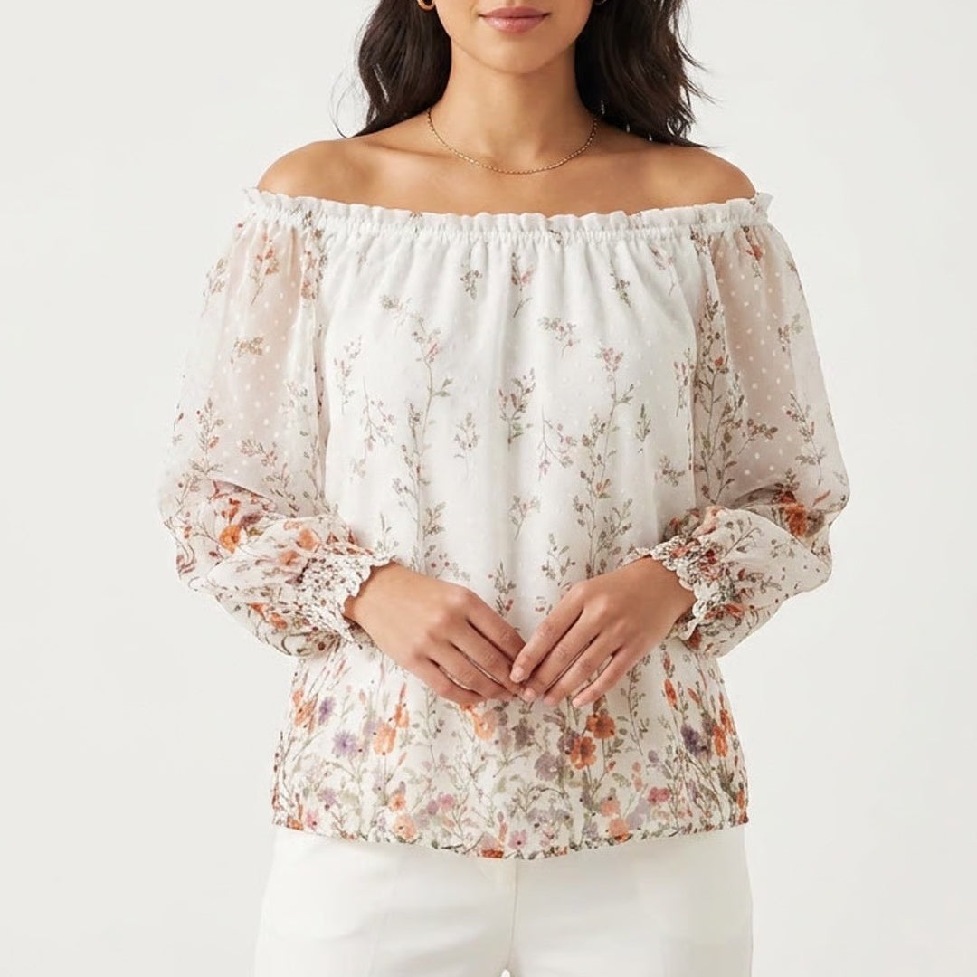 Orchid Haze Floral Swiss Dot Peasant Blouse White Puff Sleeve Womens L