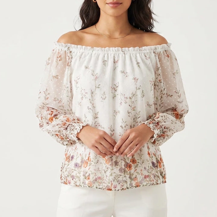 Orchid Haze Floral Swiss Dot Peasant Blouse White Puff Sleeve Womens L