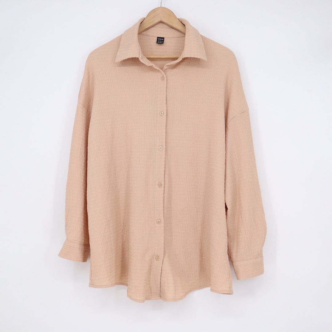 SHEIN Peach Crinkle Textured Button Up Shirt Long Sleeve Oversized Medium