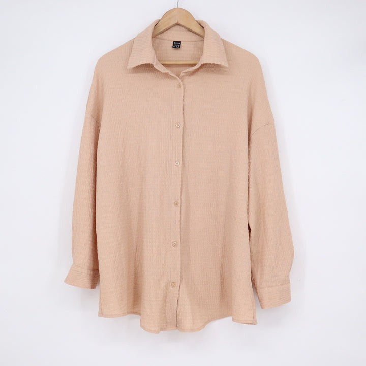 SHEIN Peach Crinkle Textured Button Up Shirt Long Sleeve Oversized Medium
