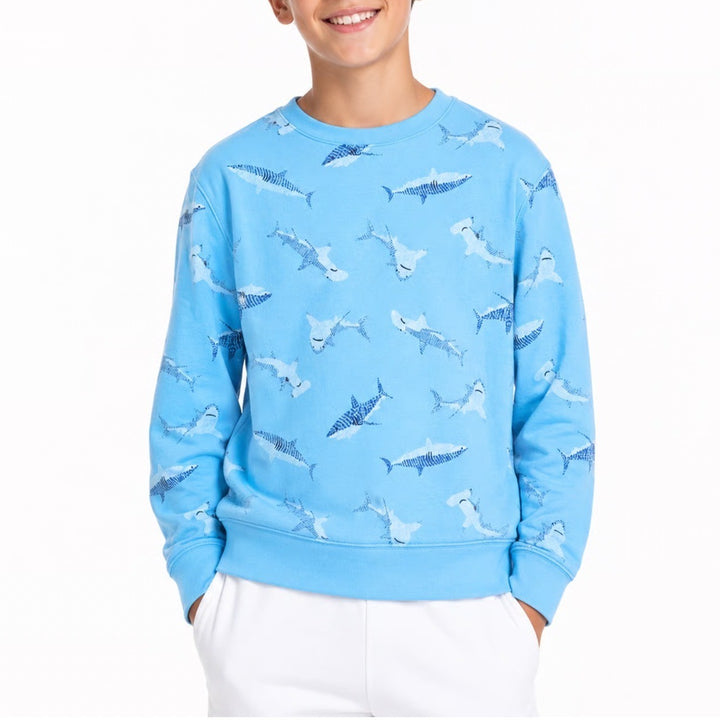 Cat & Jack Boys Blue Shark Print Fleece Pajama Top Crewneck Sweatshirt L 10/12