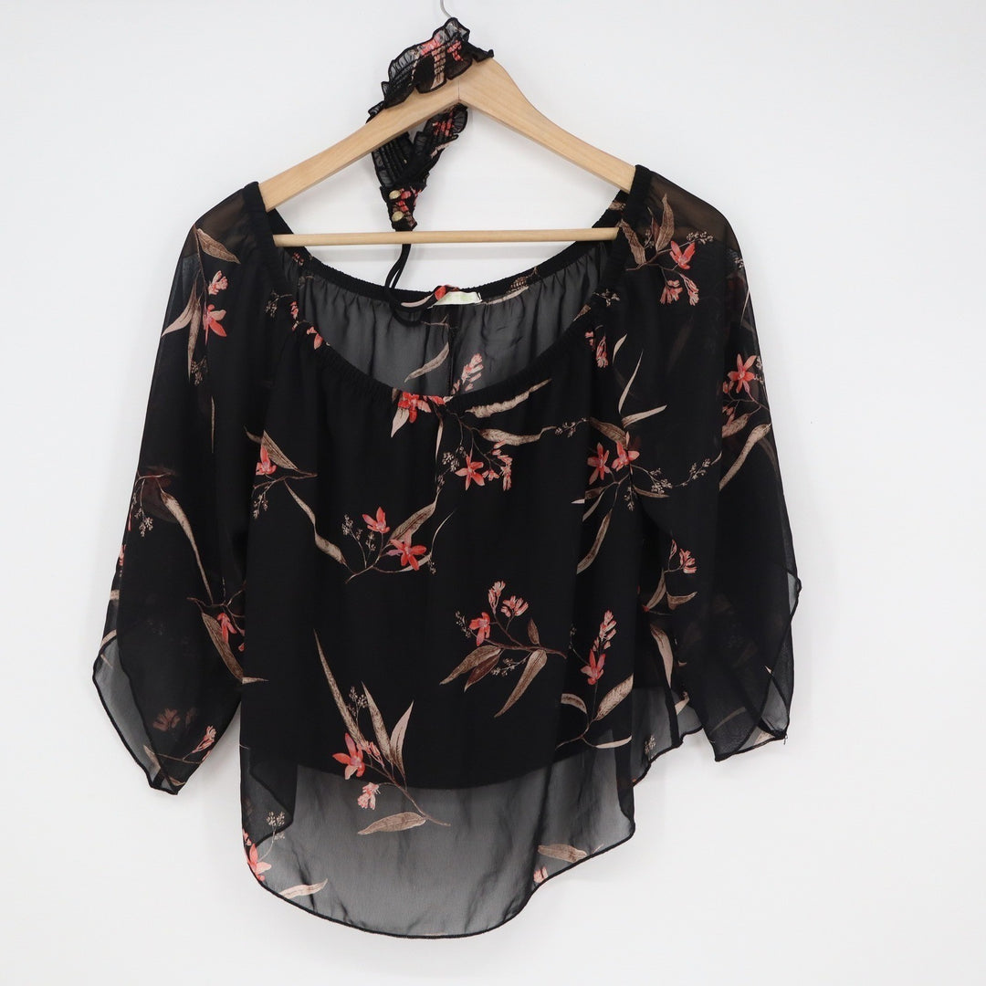 Olive Tree Black Floral Chiffon Off Shoulder Blouse M T7126 Made in USA