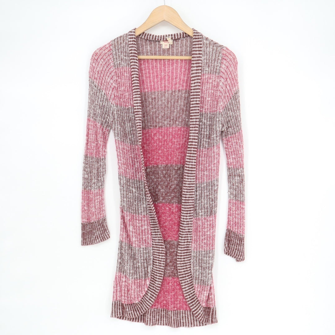 Mossimo Cardigan Sweater Womens Medium Brown Pink Striped Knit Ribbed Open Front