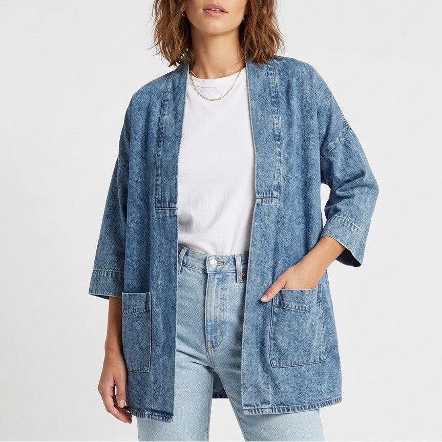 Womens Denim Kimono Jacket XL Blue Cotton Sun Embroidered Acid Wash Open Front