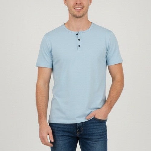 Cuts Curve Hem Henley T Shirt Mens Light Blue Short Sleeve Button Up Size M