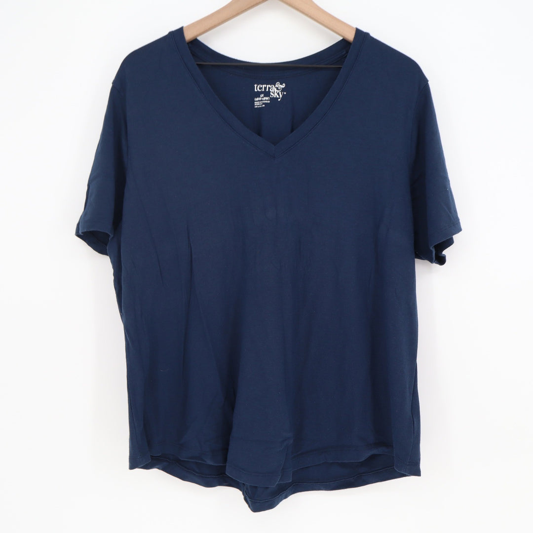 Terra & Sky T-Shirt Womens 1X V-Neck Navy Blue Pima Cotton Modal Stretch