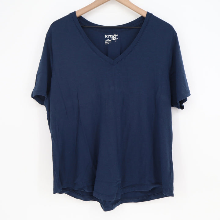 Terra & Sky T-Shirt Womens 1X V-Neck Navy Blue Pima Cotton Modal Stretch