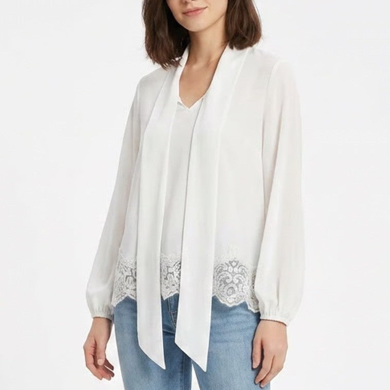 Adrianna Papell Tunic Top Women's Large White Lace Hem Long Sleeve Tie Neck