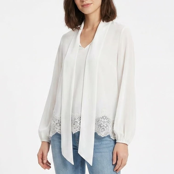 Adrianna Papell Tunic Top Women's Large White Lace Hem Long Sleeve Tie Neck