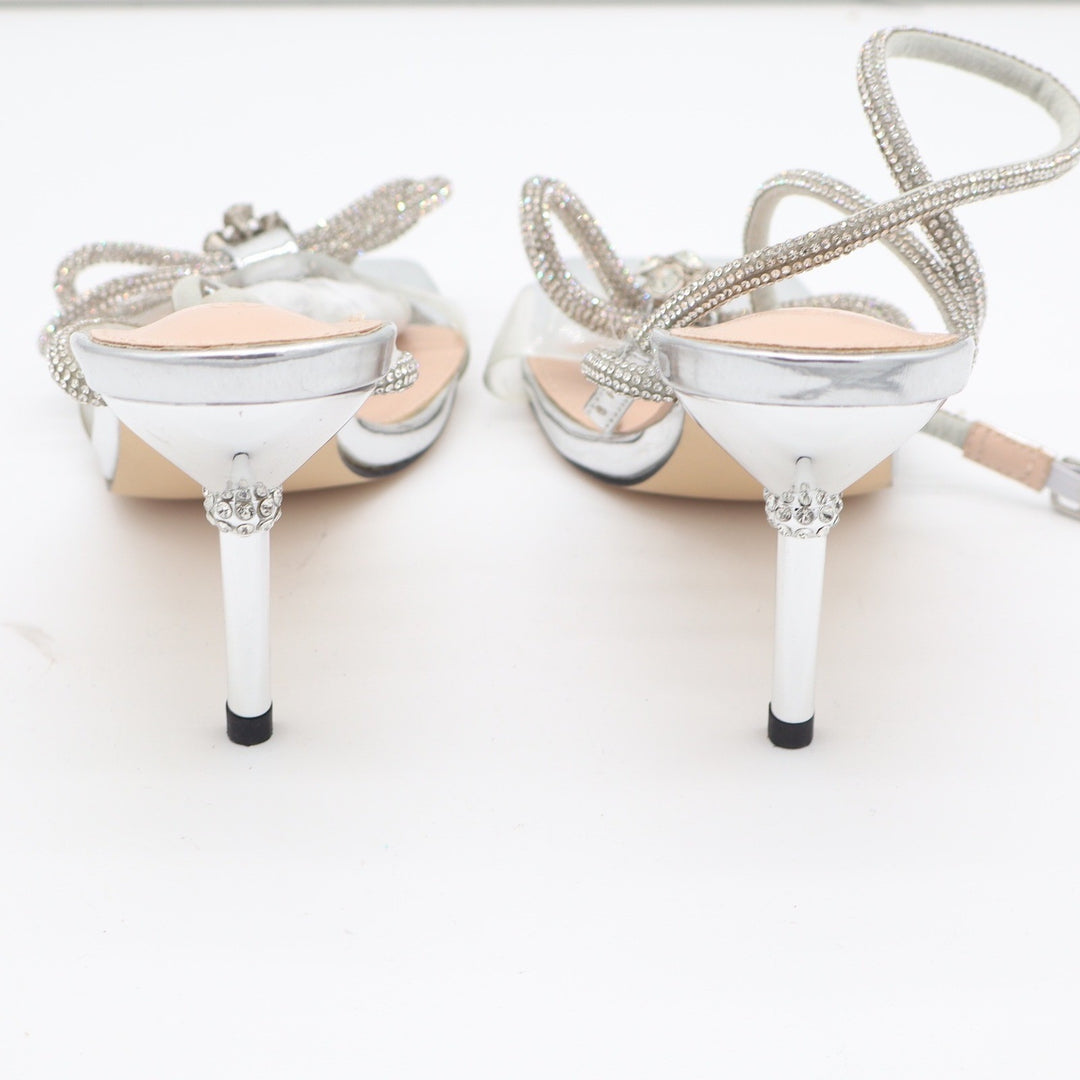 Silver Rhinestone Double Bow Wrap Around Square Toe Stiletto Heels Size 9