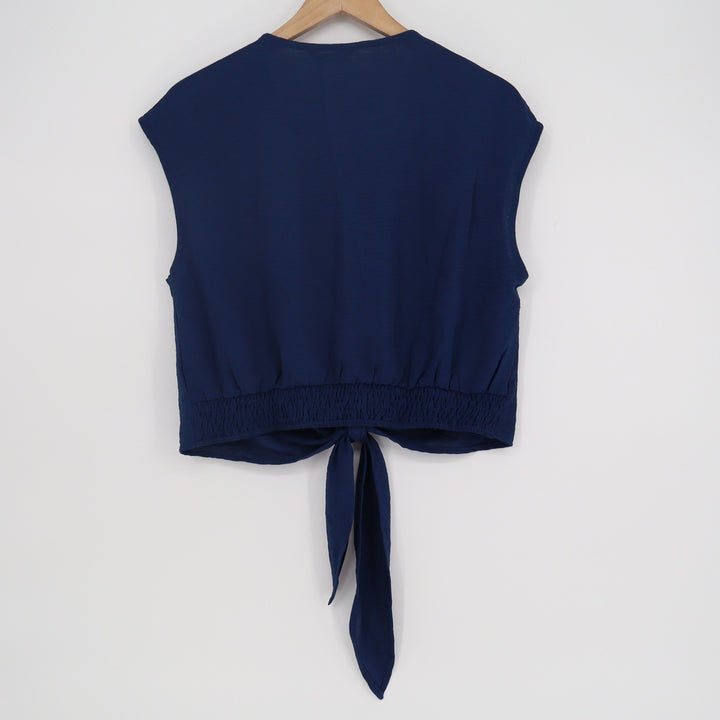 PrettyGarden Navy Blue V-Neck Tie Front Crop Top Smocked Back Blouse Large
