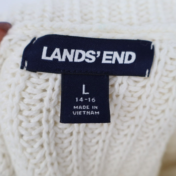Lands End Sweater Womens L (14-16) White Chunky Knit Cotton Cowl Neck Pullover
