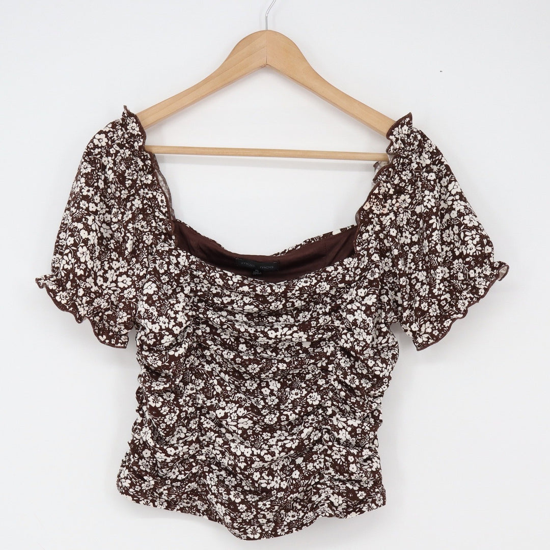 Moa Moa Top Womens XL Ruched Floral Brown Lettuce Edge Excellent