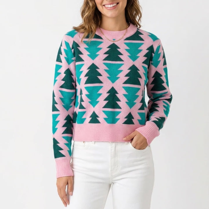 Grayson Threads Pink Teal Green Geometric Tree Knit Sweater Medium Holiday