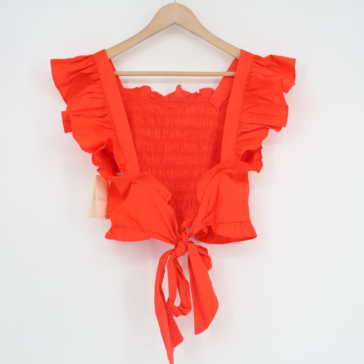 Meraki Cropped Top Womens Large Orange Cotton Stretch Smocked Bodice Back Tie