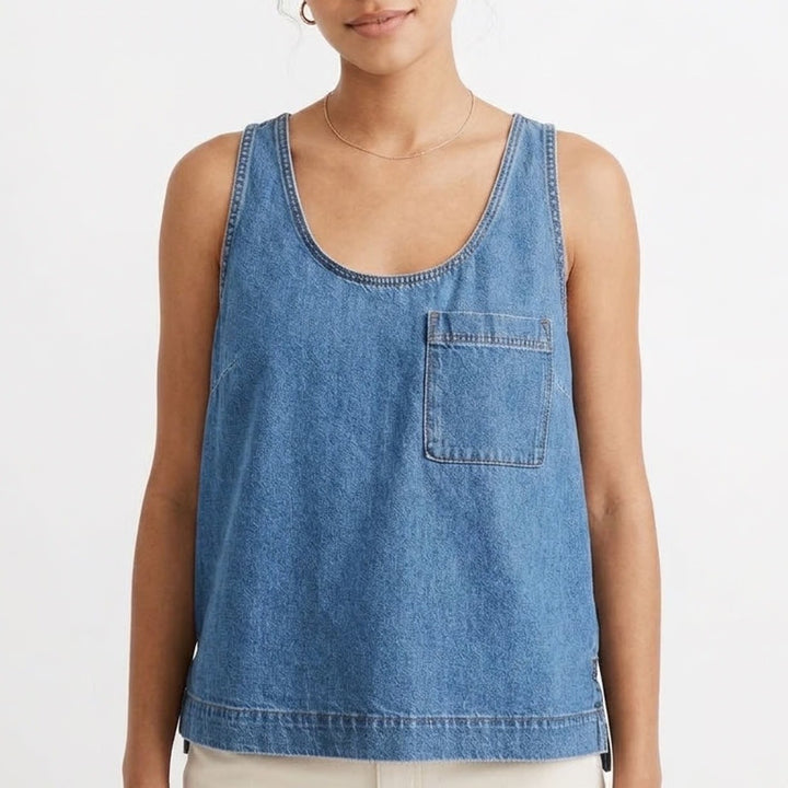Universal Thread Tank Top Womens 2XL Blue Denim Cotton Scoop Neck Front Pocket