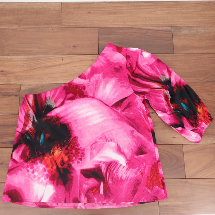 INC International Concepts One Shoulder Blouse Top Womens M Pink Abstract Print
