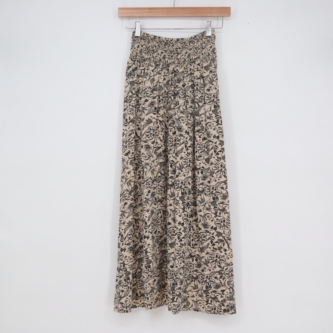Joyne Floral High Low Maxi Skirt XS Tan Black Smocked Waist Rayon Boho