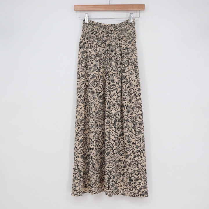 Joyne Floral High Low Maxi Skirt XS Tan Black Smocked Waist Rayon Boho