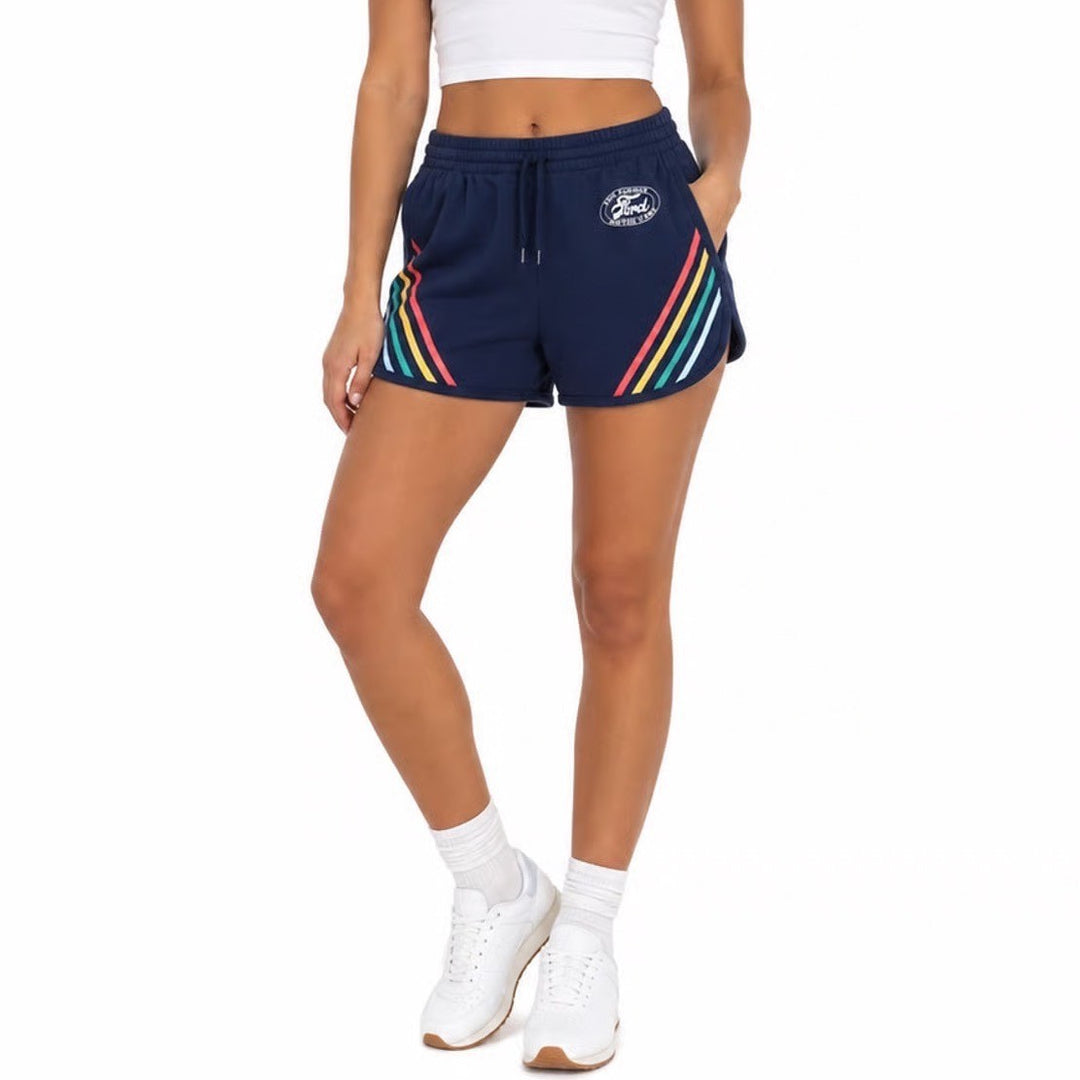 Ford Motor Company Navy Blue Rainbow Stripe Sweat Shorts Womens Large Hybrid