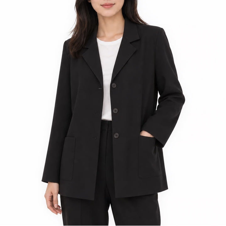 Vintage Black Three Button Blazer Jacket with Patch Pockets Solid Professional