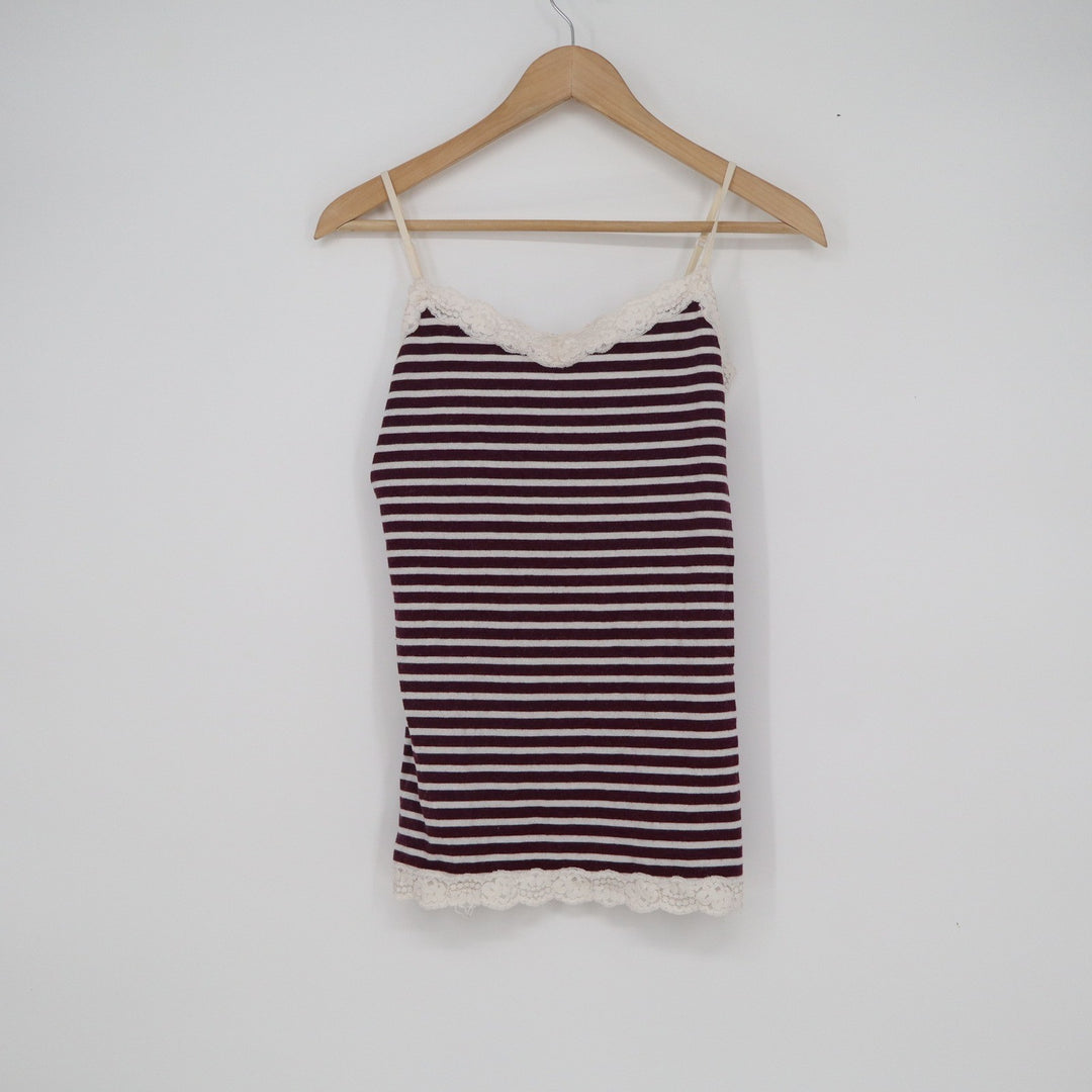 Burgundy Striped Lace Trim Cami Top Metallic Shimmer Adjustable Straps Medium