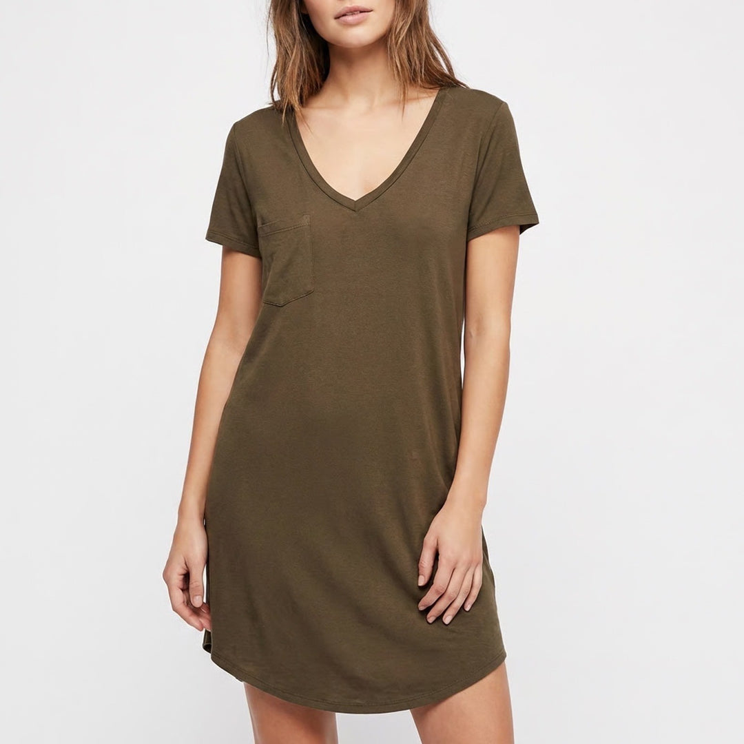 Z Supply T-Shirt Dress Womens Medium Brown V-Neck Front Pocket Short Sleeves