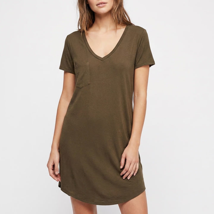 Z Supply T-Shirt Dress Womens Medium Brown V-Neck Front Pocket Short Sleeves