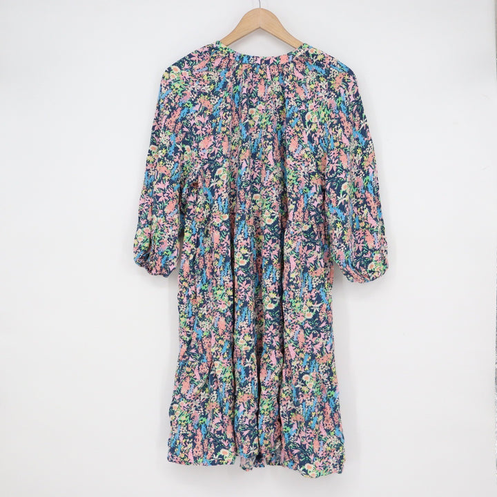 Gap Maternity Floral Tiered Mini Dress Medium Pink Blue Rayon 3/4 Balloon Sleeve