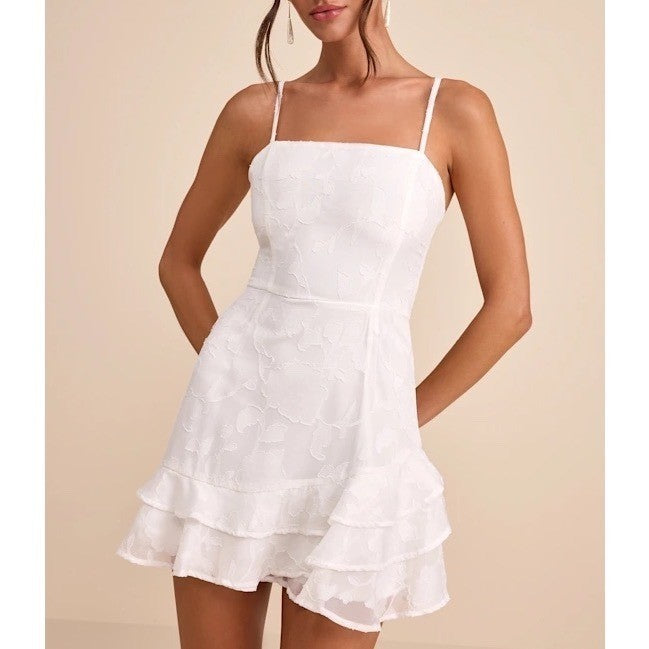 Lulus Days with You Mini Dress Women Small White Floral Burnout Ruffled Back Zip