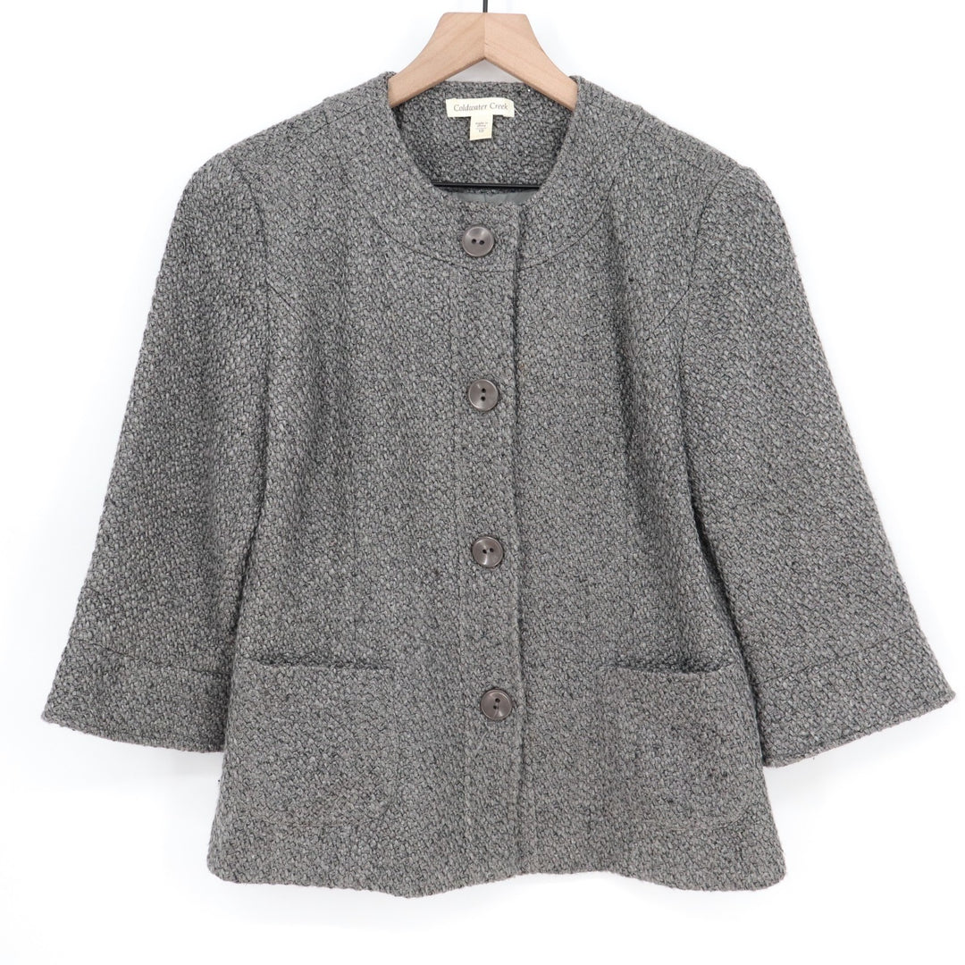Coldwater Creek Blazer Jacket Women's 10 Gray Tweed Button Front 3/4 Sleeve
