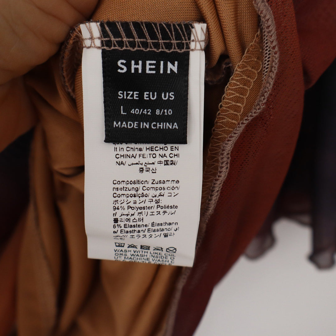 SHEIN Abstract Sunset Mesh Mini Dress Open Back Bell Sleeve Orange Brown Large