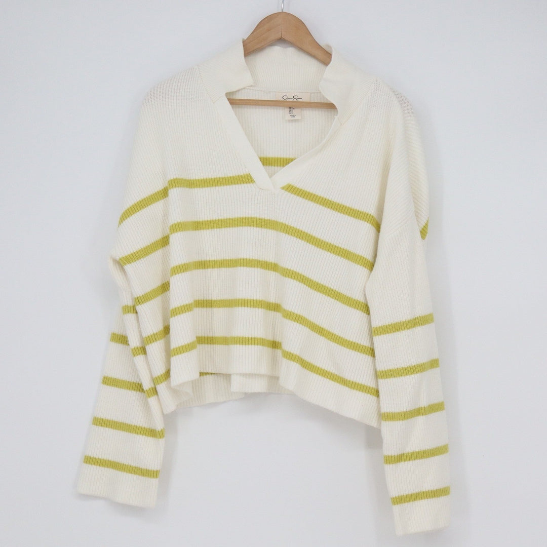 Jessica Simpson Womens Large White Lime Green Striped Ribbed Knit Sweater