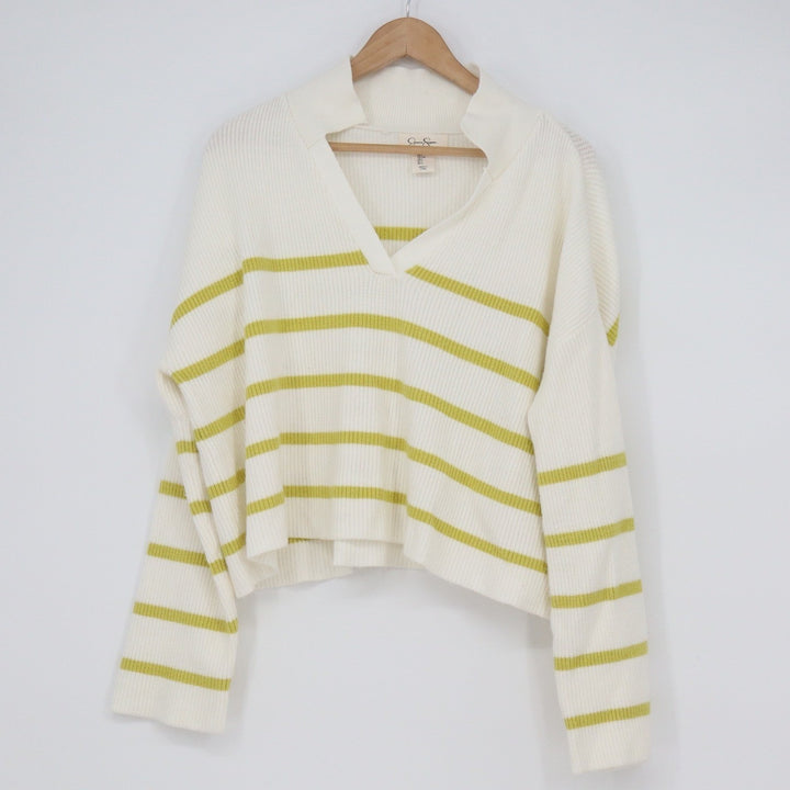 Jessica Simpson Womens Large White Lime Green Striped Ribbed Knit Sweater