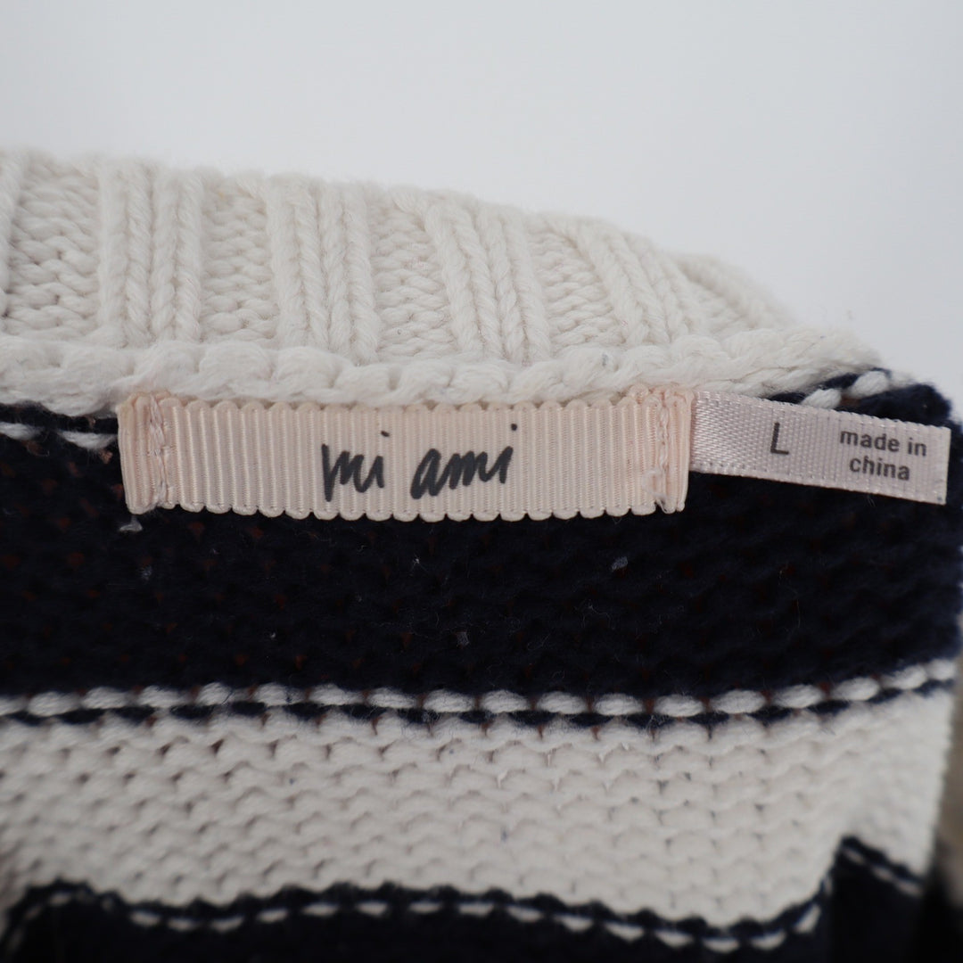 Mi Ami Womens Striped Cropped Cotton Knit Sweater Navy Pink Tan White Large