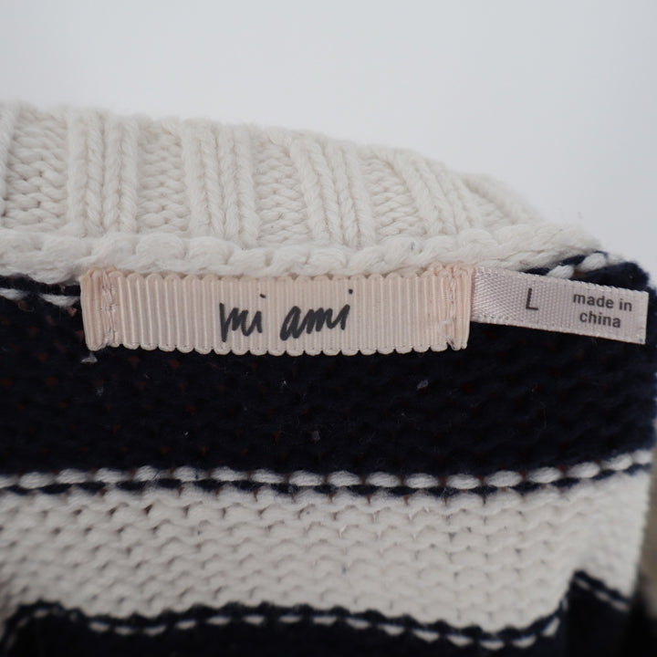 Mi Ami Womens Striped Cropped Cotton Knit Sweater Navy Pink Tan White Large